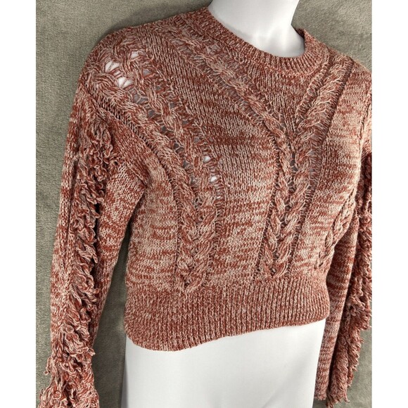 Wildfox Small Warren Sweater Pink Red Pullover Cable Knit Fringe Sleeve Sample - Picture 3 of 11